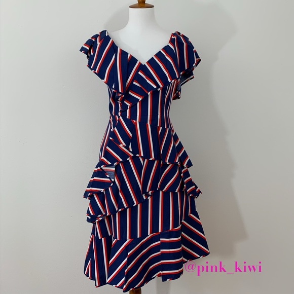 Alice + Olivia Laflora Asymmetrical Striped Ruffle Dress - Picture 1 of 13
